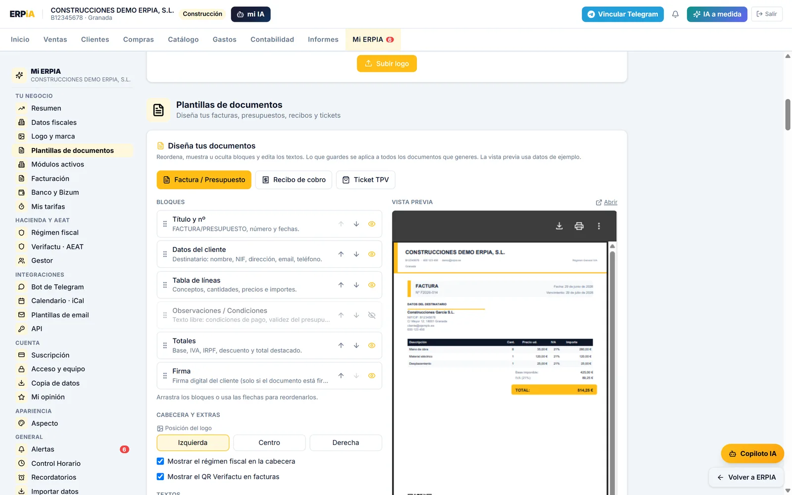 Editor de plantillas de documentos con tu logo y colores