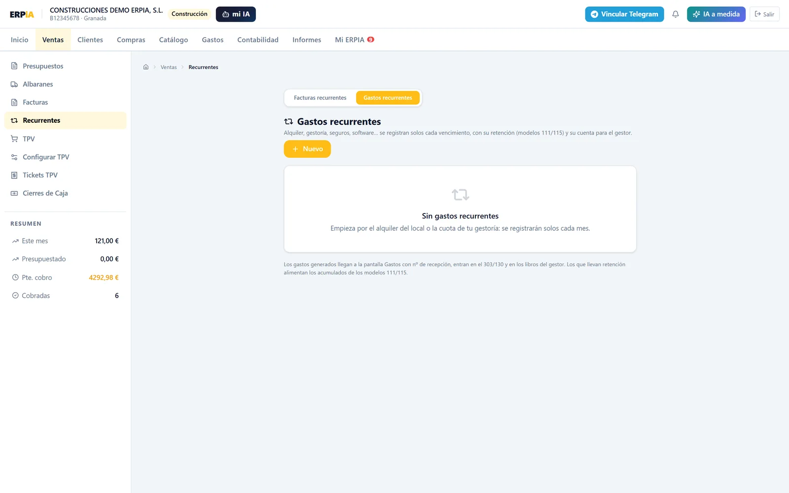 Gastos recurrentes de ERPIA: alquiler con retención automática
