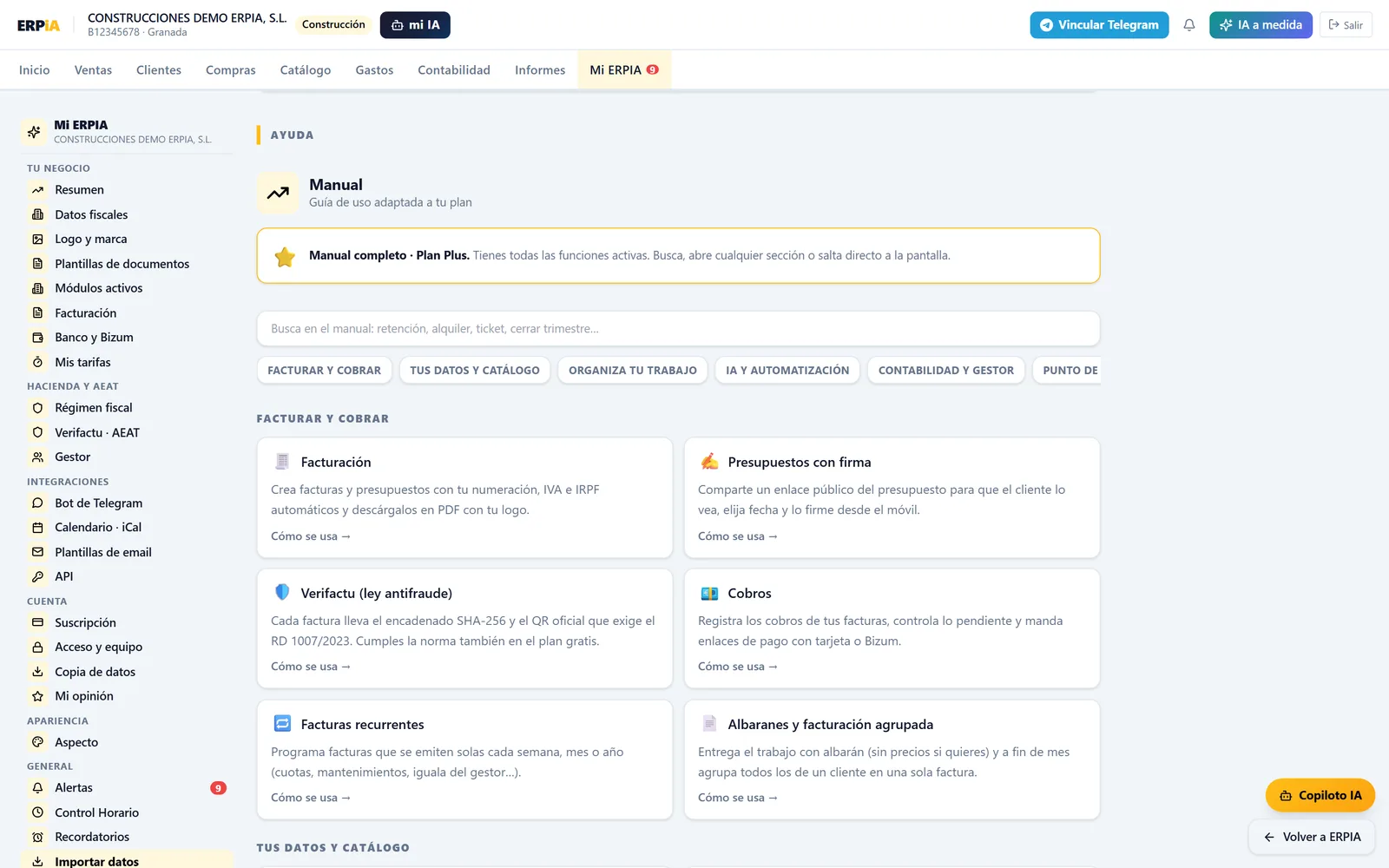 El manual interactivo dentro de la app ERPIA, con buscador y secciones por módulo