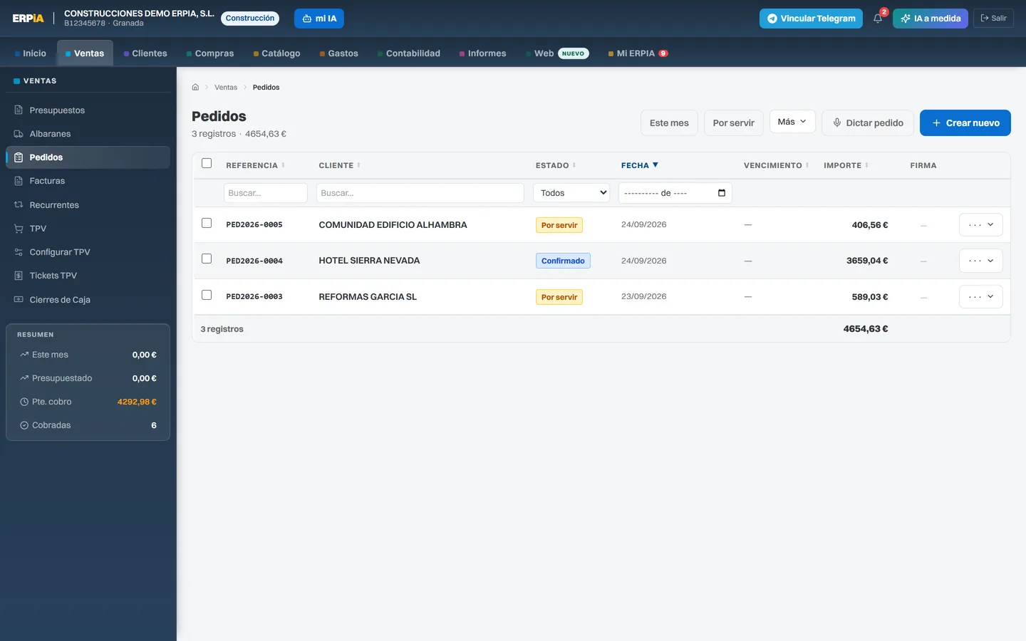 Pedidos de cliente en ERPIA, con su estado de servicio