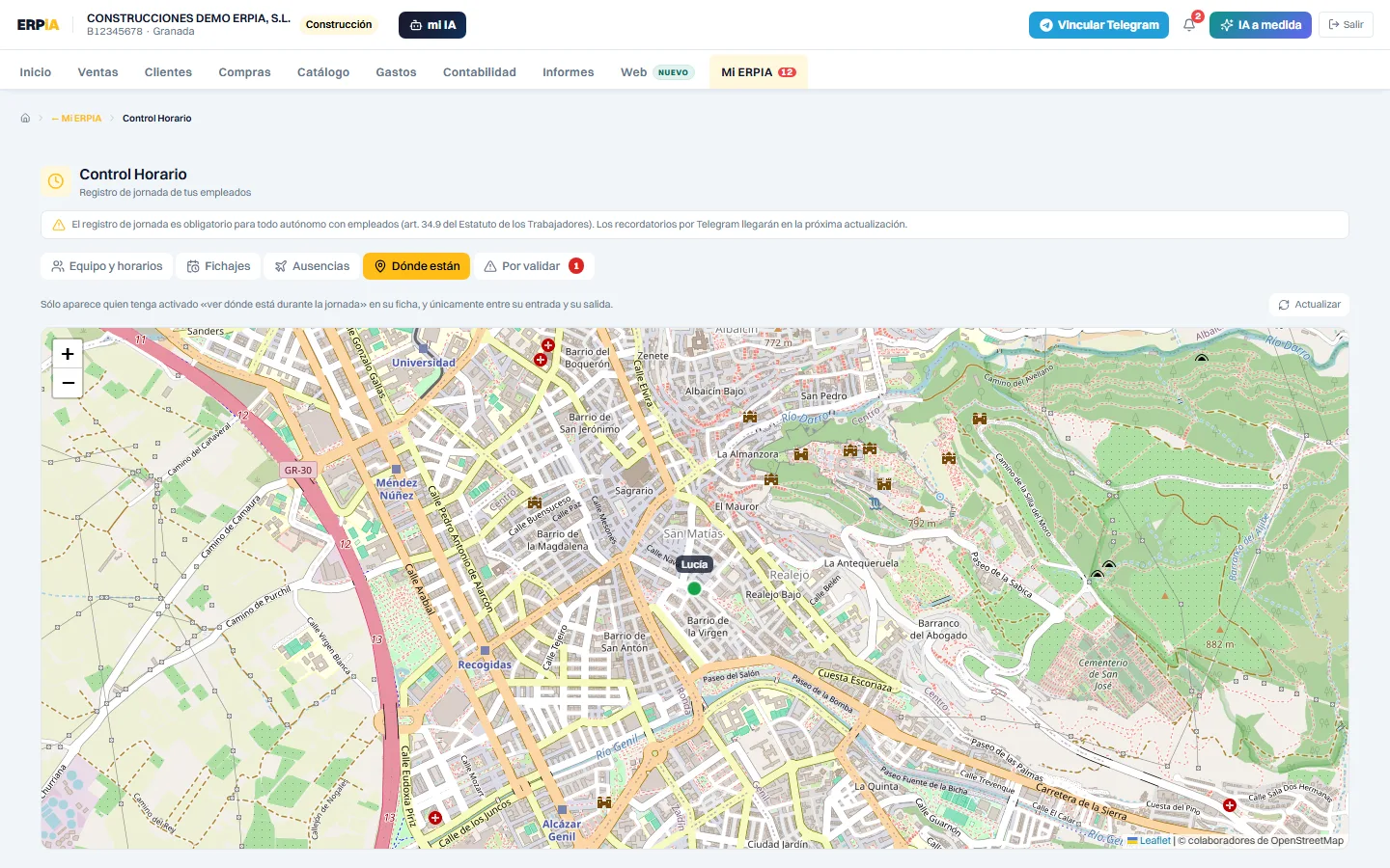 Mapa con la ubicación de los trabajadores durante su jornada