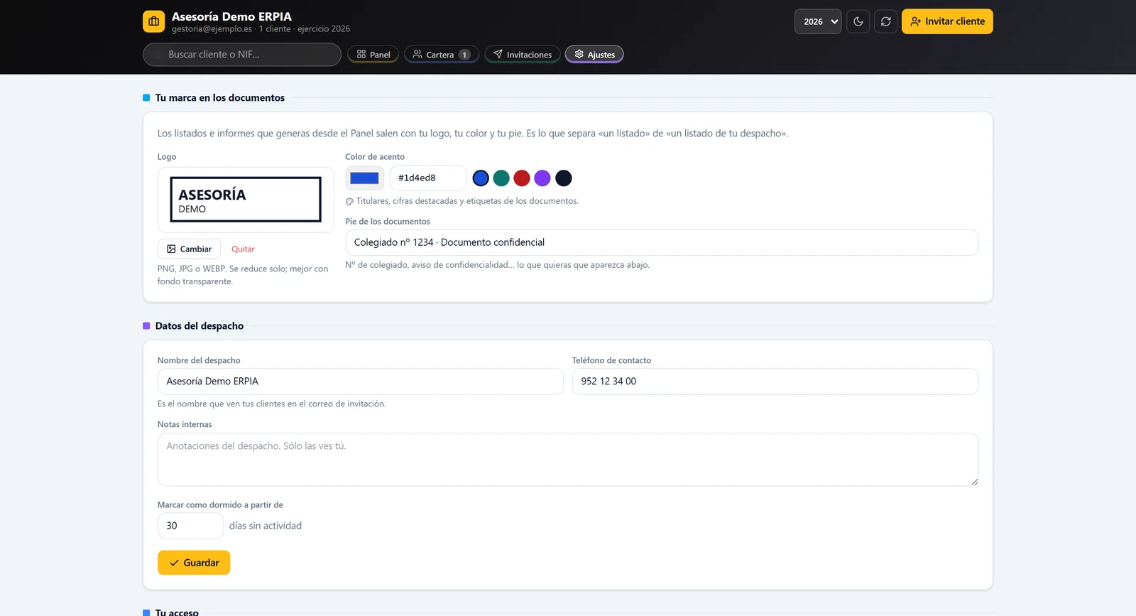 Ajustes del despacho en ERPiA: subida del logo, color de acento y pie para los documentos