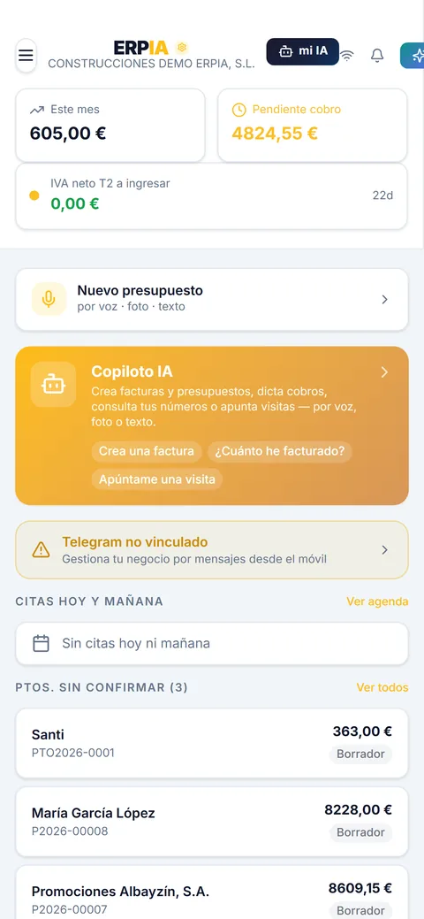 Panel de inicio en móvil