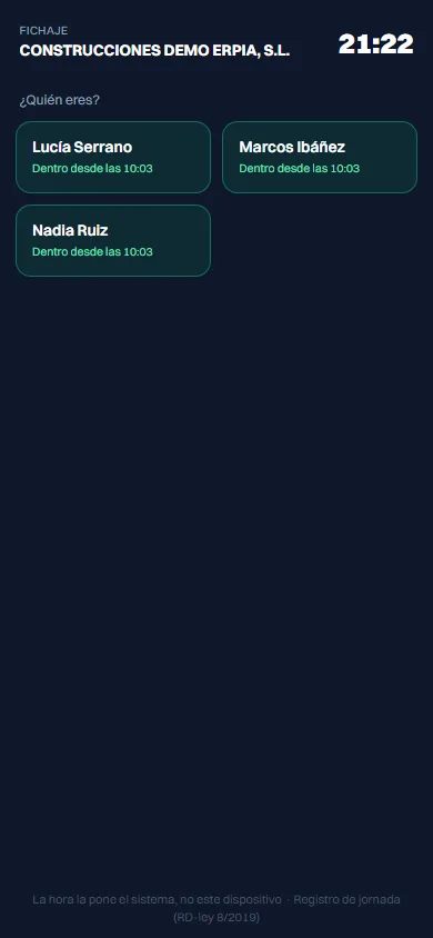 Pantalla del punto de fichaje: se elige quién eres