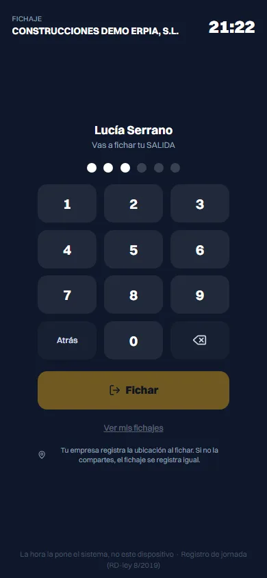 Teclado para marcar el PIN antes de fichar